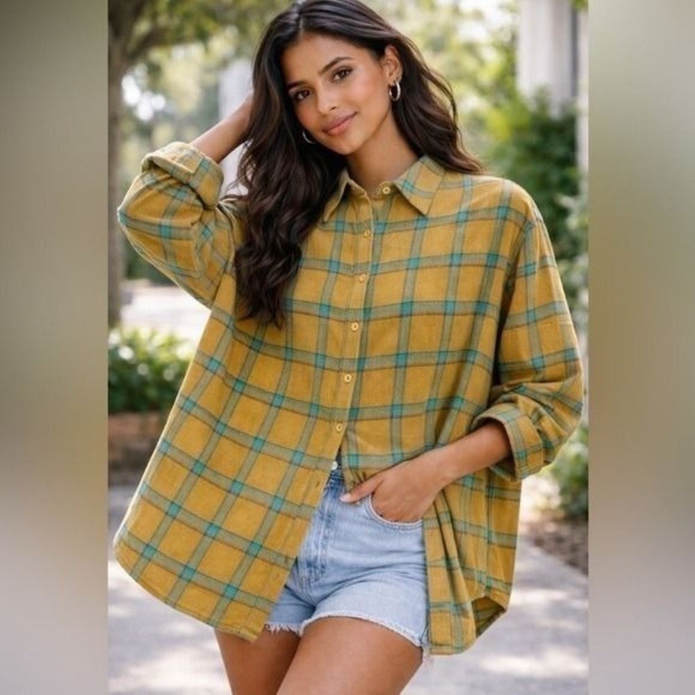 PrettyLittleThing Mustard Yellow Teal Plaid Oversized Button Down Shirt One Size